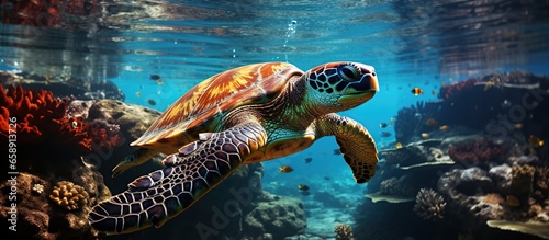 Turtle with group of colorful fish and sea animals with colorful coral underwater © Mas