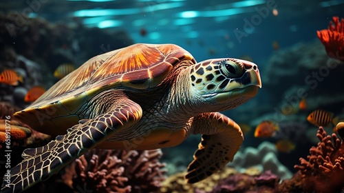 Turtle with group of colorful fish and sea animals with colorful coral underwater