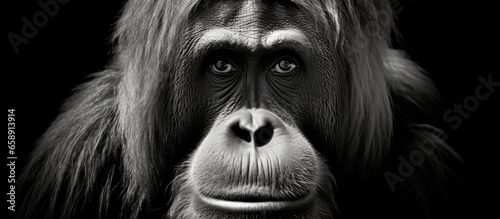 Black and white portrait of a Borneo Orangutan