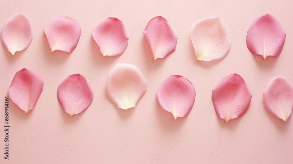 In a minimalist fashion, a collection of delicate pink rose petals is elegantly arranged against a soft pastel pink backdrop