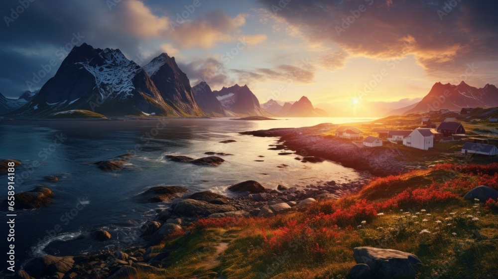 A coastal road winding alongside the sea during the serene moments of sunrise on Lofoten Island in Norway