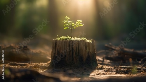Young tree shoots that emerge from old tree stumps photo