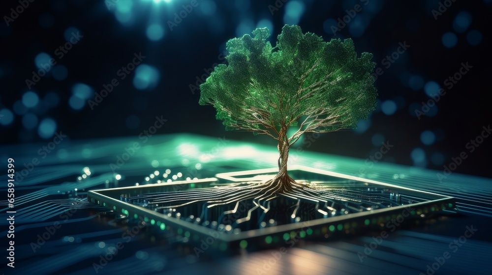 In this visual representation, a tree appears to be emerging from the convergence point of a computer circuit board. The backdrop features blue light In this visual representation, a tree appears to be emerging from the convergence point of a computer circuit board. The backdrop features blue light