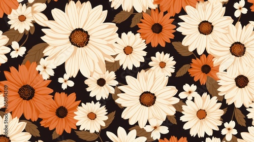 A seamless retro pattern inspired by the 70s era  featuring vintage daisy flowers. This pattern is suitable for use in fabric or wallpaper design  adding a touch of nostalgia to any space