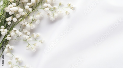 This styled stock photo presents a feminine wedding desktop mockup adorned with baby's breath Gypsophila flowers, delicate dry green eucalyptus leaves, satin ribbon, and a clean white background