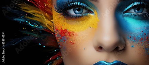 Stunning girl with vibrant artistic makeup innovative and colorful Blue eyebrows glittery eyeshadows and gradient lips With copyspace for text