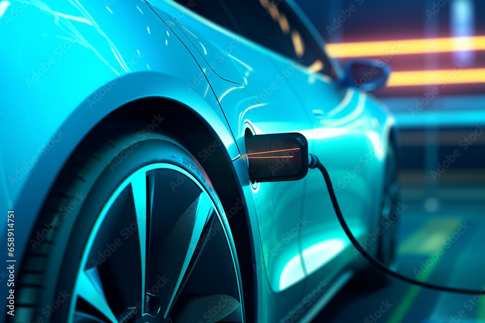Closeup of electric car charging, photo realistic image. future, energy. power. vehicle