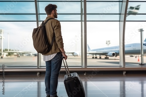 Picture of a young Caucasian man waits for the boarding announcement for his flight while watching planes land and take off through a large panoramic window in the airport terminal.