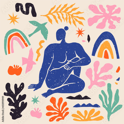 Hand drawn vector abstract graphic illustration with meditating woman in yoga position, coral, rainbow, starfish and other elements isolated over beige background