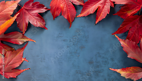 autumn leaves background, Nature's Canvas: Top-Down View of Red Leaves on Slate, AI Generated