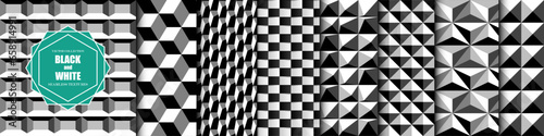 Collection of black and white seamless geometric three dimensional patterns. Repeatable monochrome 3d dark backgrounds. Decorative endless tileable textures