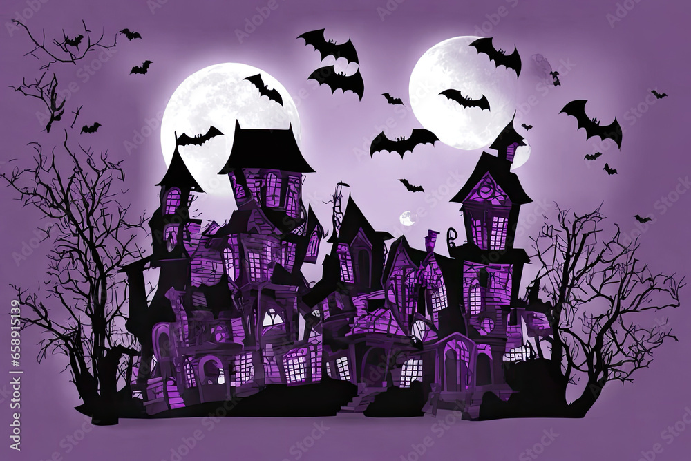 Halloween celebration in night  with moon , bats and purple color