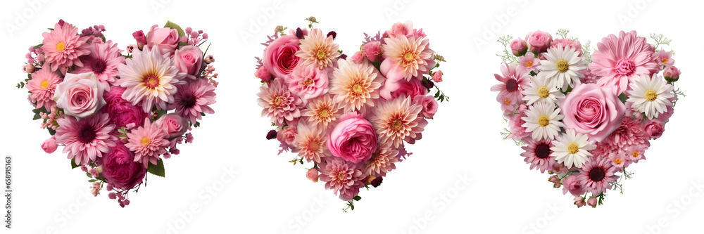 Romantic Floral Heart with Filled English Roses and Pink Chrysanthemums - Isolated on Transparent Background HD