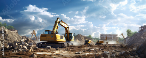Big yellow excavator working on site. Shovel loading the soil or gound. Heavy truck mining machinery concept. photo