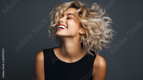 Edgy middle-aged caucasian woman with blonde hair, celebrating beauty in maturity. Studio shot
