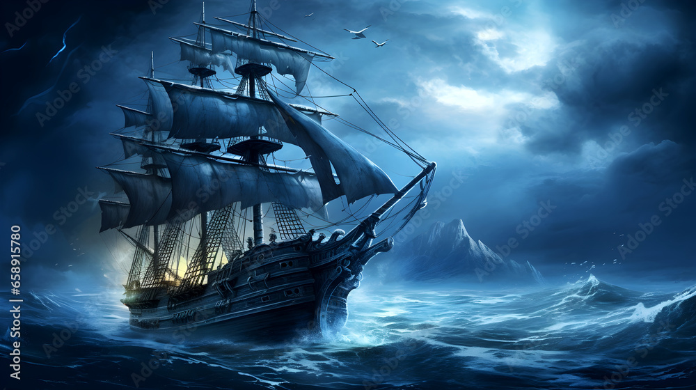 pirate ship sailing on the sea at night - obrazy, fototapety, plakaty 
