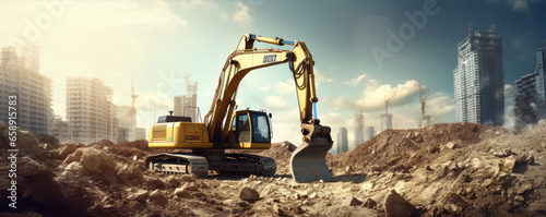 Big yellow excavator working on site. Shovel loading the soil or gound. Heavy truck mining machinery concept.