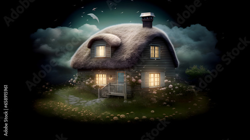 Tiny country house on a grassy hill, in the style of dark fairy tales photo