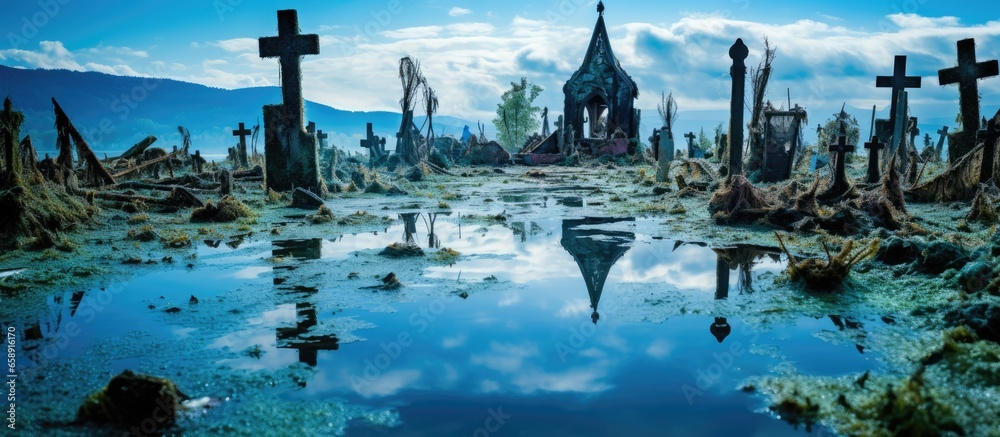 Geamana Romania s sunken cemetery a village flooded by toxic blue water With copyspace for text