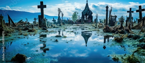 Geamana Romania s sunken cemetery a village flooded by toxic blue water With copyspace for text photo