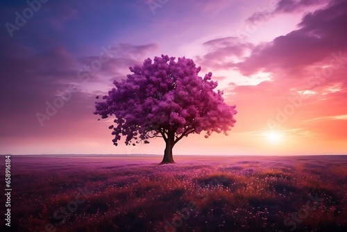 Lonely tree in the field at sunset. Beautiful landscape. © Gorilla Studio