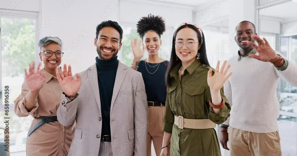 Creative business people, waving and team smile in about us for introduction, greeting or startup at office. Group portrait of happy employee workers smiling with wavy hands for welcome or teamwork