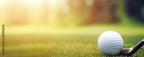 Golf tee on green meadow and white ball in cut grass ready to play golf. banner