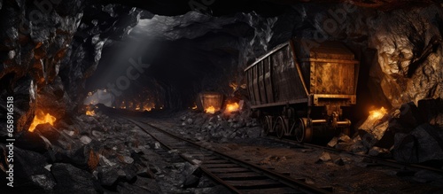 Underground mine with narrow gauge railroad for mineral extraction With copyspace for text