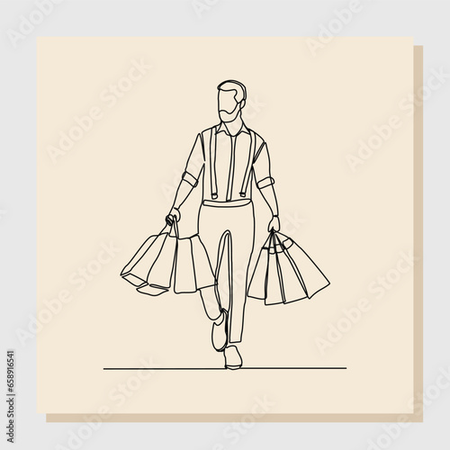 Continuous line drawing art of happiness man holding paper shopping bags. Vector illustration single one line of shopper big sale consumerism concept