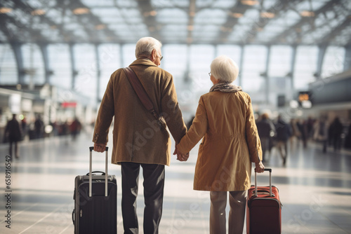 an elderly couple with bags in the terminal. generative ai. retirement opens up opportunities for travel.