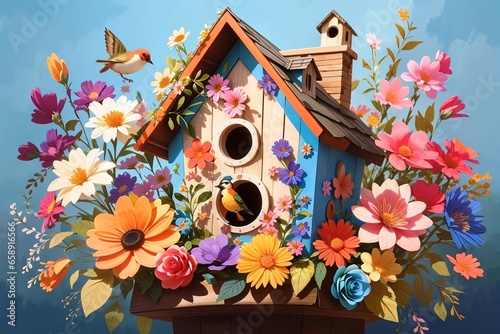 birdhouse with flowers, Illustration AI Generative. © Tasmeea_Faryal