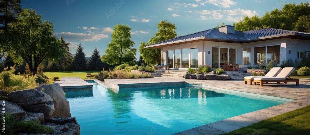 Luxurious home pool and backyard image With copyspace for text