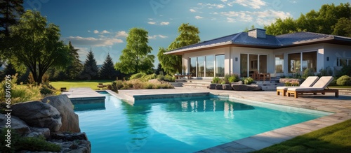 Luxurious home pool and backyard image With copyspace for text © 2rogan
