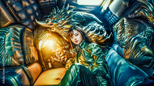 A woman sitting next to a large green dragon photo