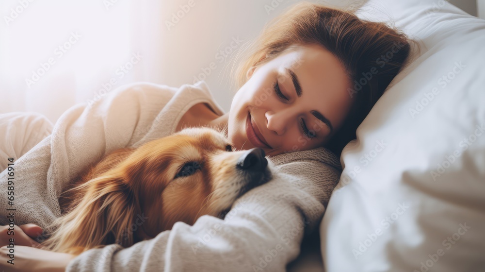 Girl and dog sleeping together comfortably and cuddled in bed in the morning. In bed with best friend dog with happy face to wake up next to your pet Girl and dog sleeping together comfortably and cuddled in bed in the morning. In bed with best friend dog with happy face to wake up next to your pet