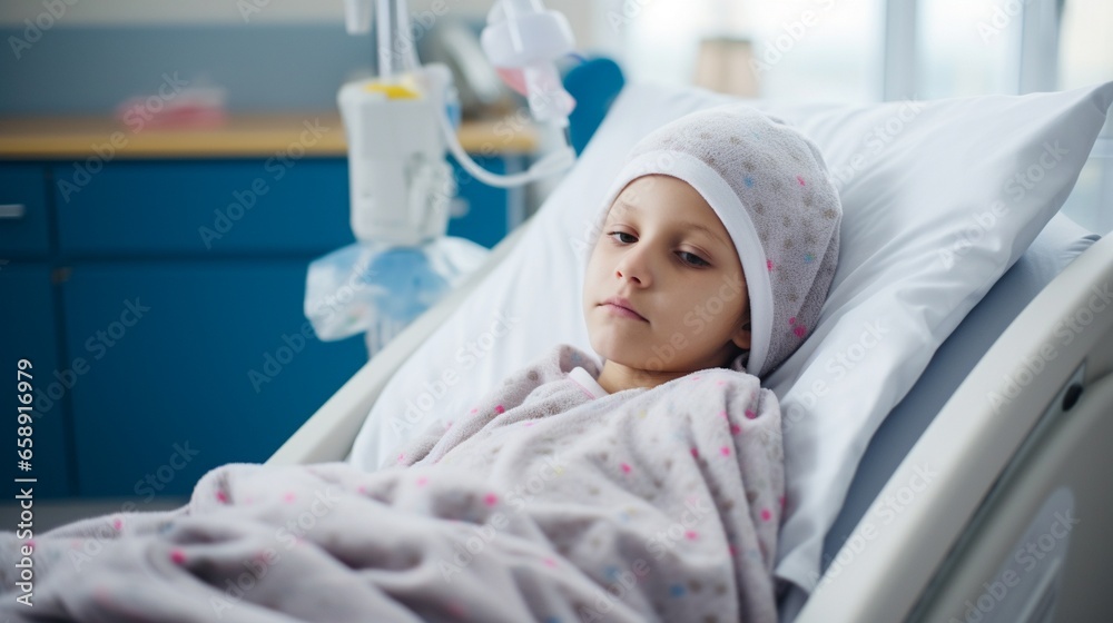 Obraz premium child patient lying in hospital ward. Sick bald kid with nasal tube lying in hospital bed after chemotherapy