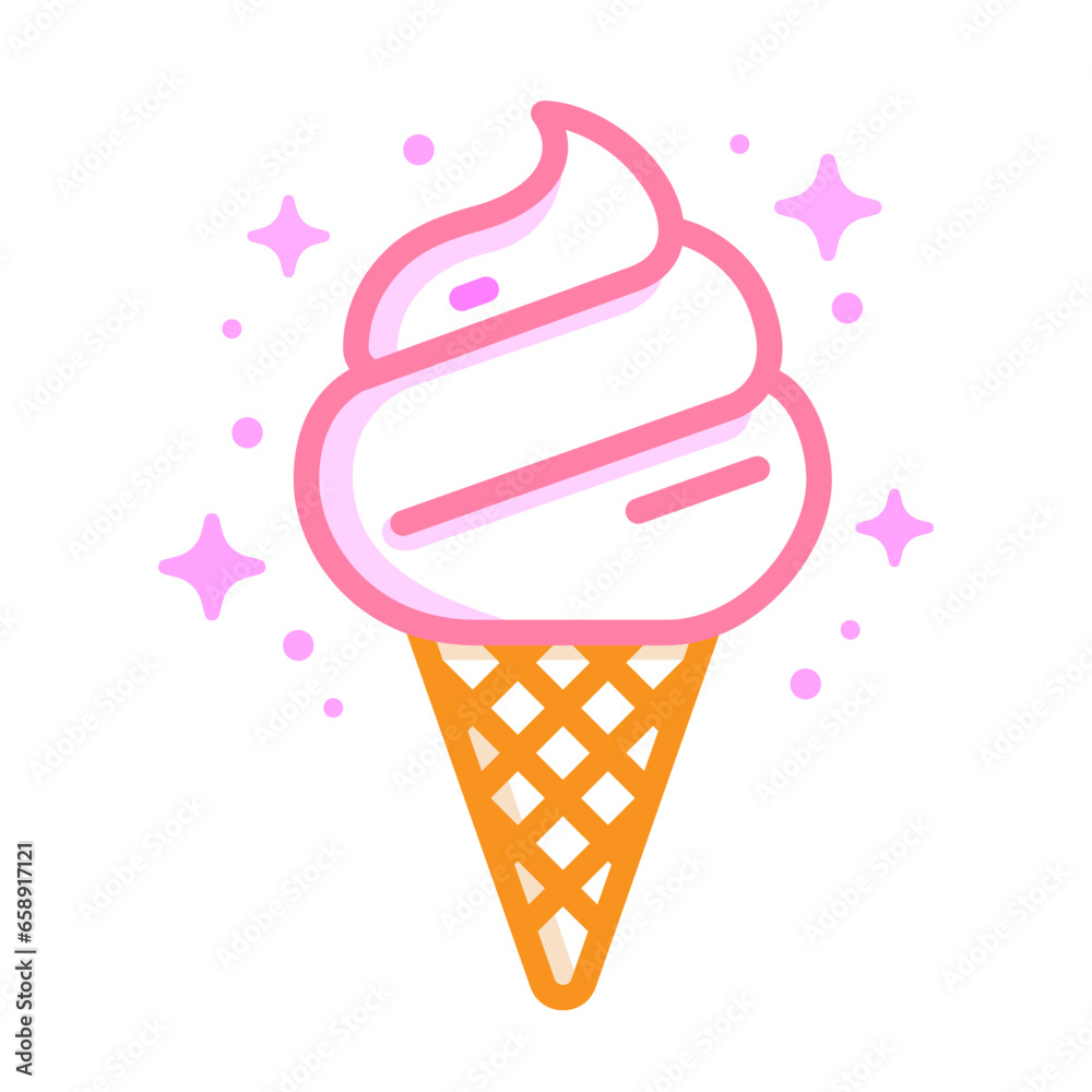 Ice cream vector icon logo. Hot summer symbol. Pink tasty dessert, Sweet summer delicacy, frozen yogurt. Outline colored style. Vector illustration. Ice cream vector icon logo. Hot summer symbol. Pink tasty dessert, Sweet summer delicacy, frozen yogurt. Outline colored style. Vector illustration.