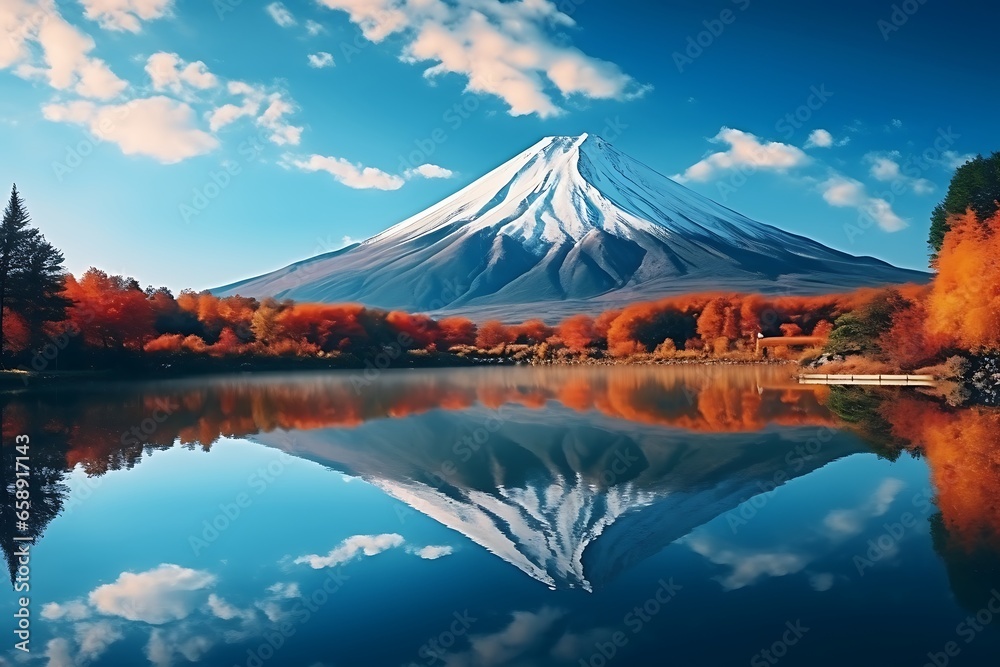 Mt. Fuji reflected in Kawaguchiko lake, Japan.