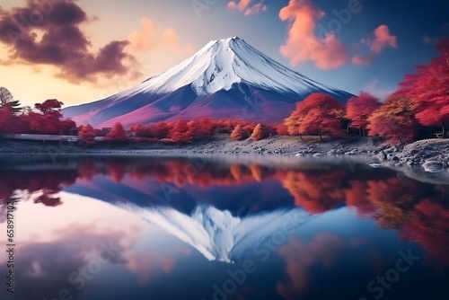 Fuji Mountain and Lake Kawaguchiko at sunset  Japan.