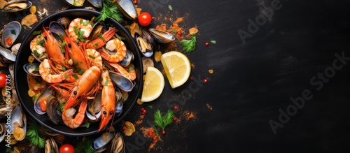 Top view of boiled mussels and shrimp in garlic sauce With copyspace for text