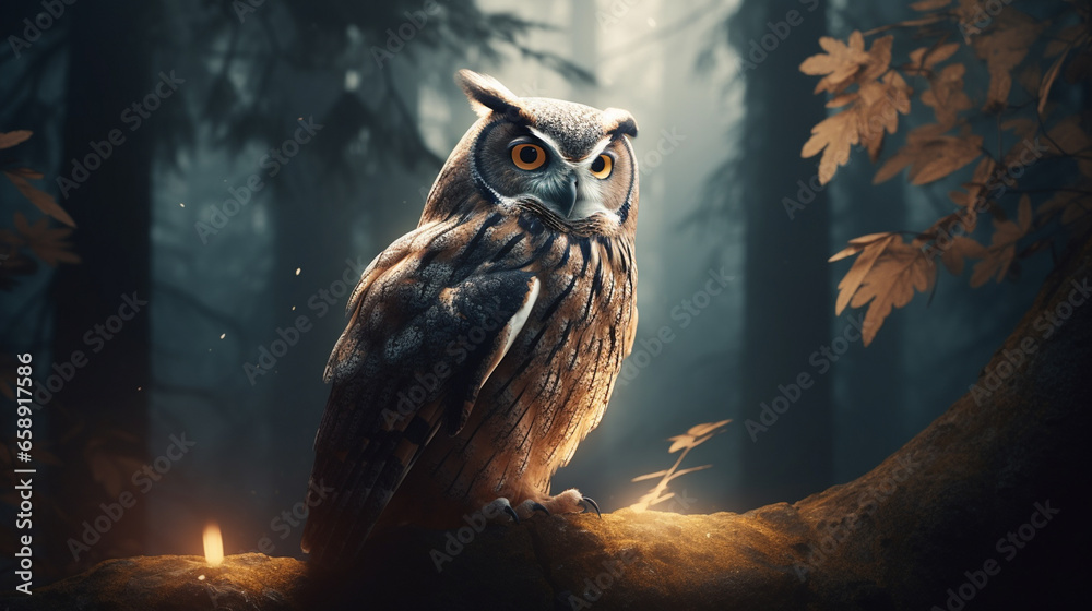 Tawny Owl Hidden In The Forest Brown Owl Sitting On Tree Stump In The Dark Forest Habitat