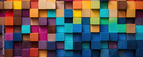 Colored wooden cubes wall. Abstract geometric rainbow blocks. wide banner