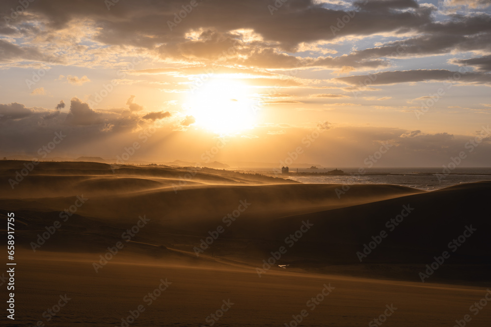 scenery of Tottori Sand Dunes in Tottori Prefecture, Japan at sunset