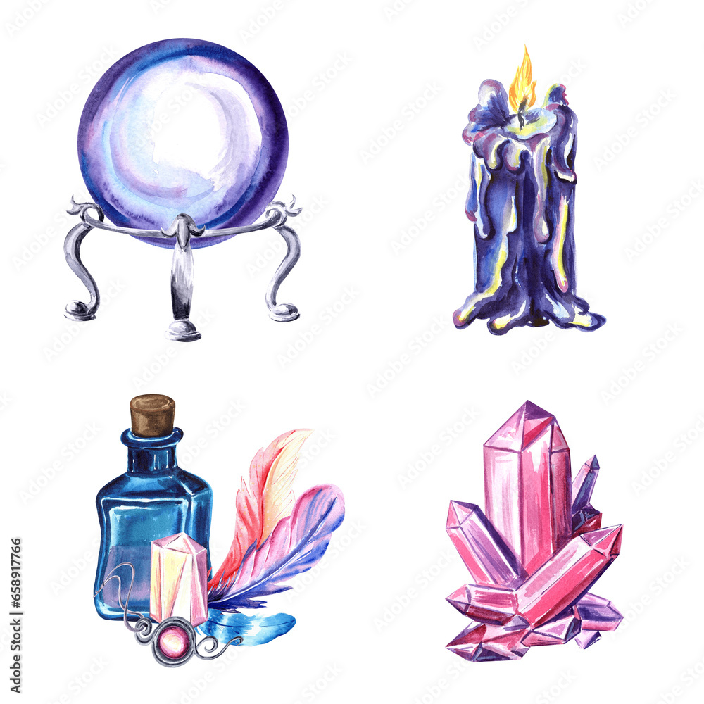 Set of magic items made of candles, crystal, a bottle with a potion and feathers and crystal magic ball Watercolor hand drawn illustration on white background for design and decorating. Set of magic items made of candles, crystal, a bottle with a potion and feathers and crystal magic ball Watercolor hand drawn illustration on white background for design and decorating.