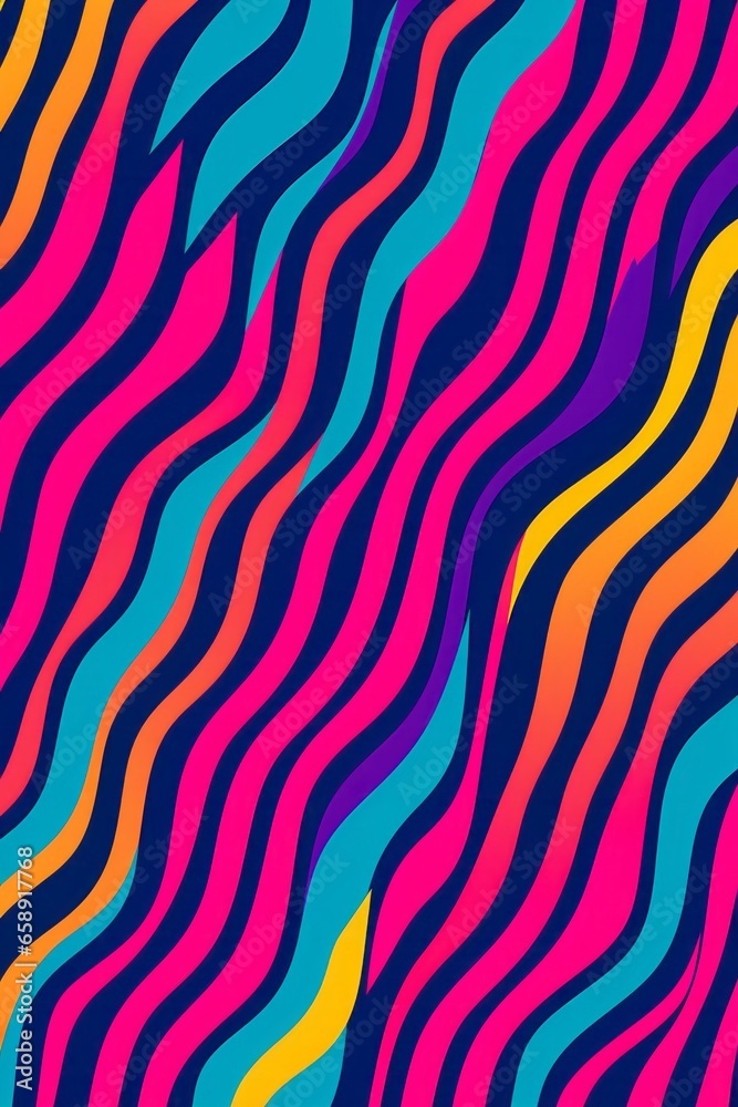 Fototapeta premium Abstract background of Rainbow colorful groovy stripes and wavy line designs in a modern trendy abstract psychodelic swirl of color with a black background, vector pattern. Generative Ai 