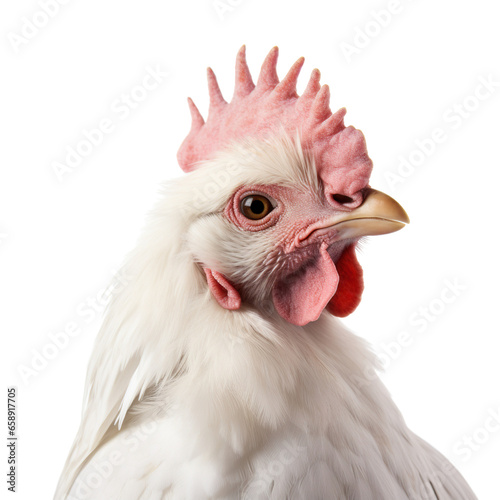 Portrait of a funny white chicken, closeup, isolated on white background