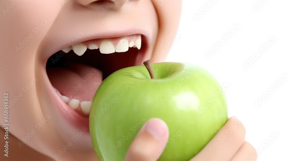 happy Child with ideal teeth eating green apple. Little Handsome Boy with Health food. advertising of dentistry and healthy lifestyle happy Child with ideal teeth eating green apple. Little Handsome Boy with Health food. advertising of dentistry and healthy lifestyle