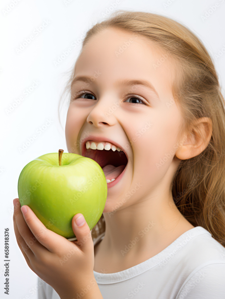 happy Child with ideal teeth eating green apple. Little Handsome girl with Health food. advertising of dentistry and healthy lifestyle happy Child with ideal teeth eating green apple. Little Handsome girl with Health food. advertising of dentistry and healthy lifestyle