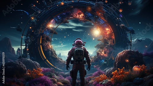 Astronaut on foreign planet in front of spacetime portal light.