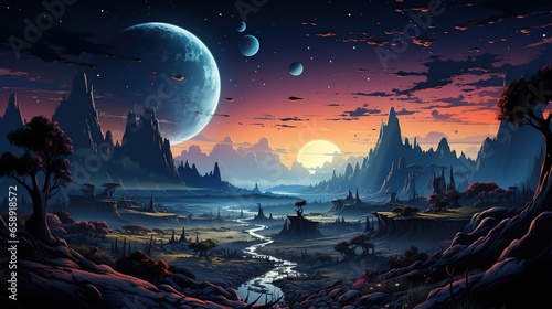 Space background with landscape of alien planet